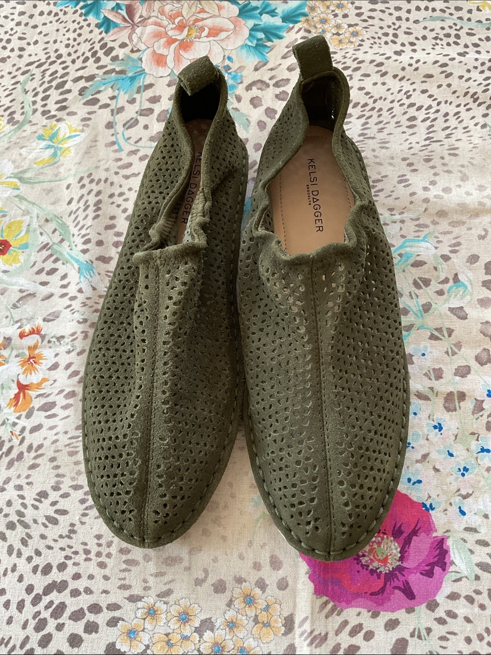 Kelsi Dagger Olive Green Perforated Suede Slip-Ons